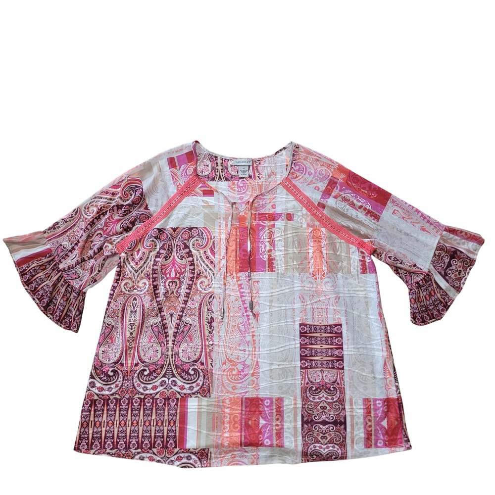 Catherines Women 2X Blouse Pink Paisley Patchwork‎ Boho Bell Sleeve Tie Neck Top